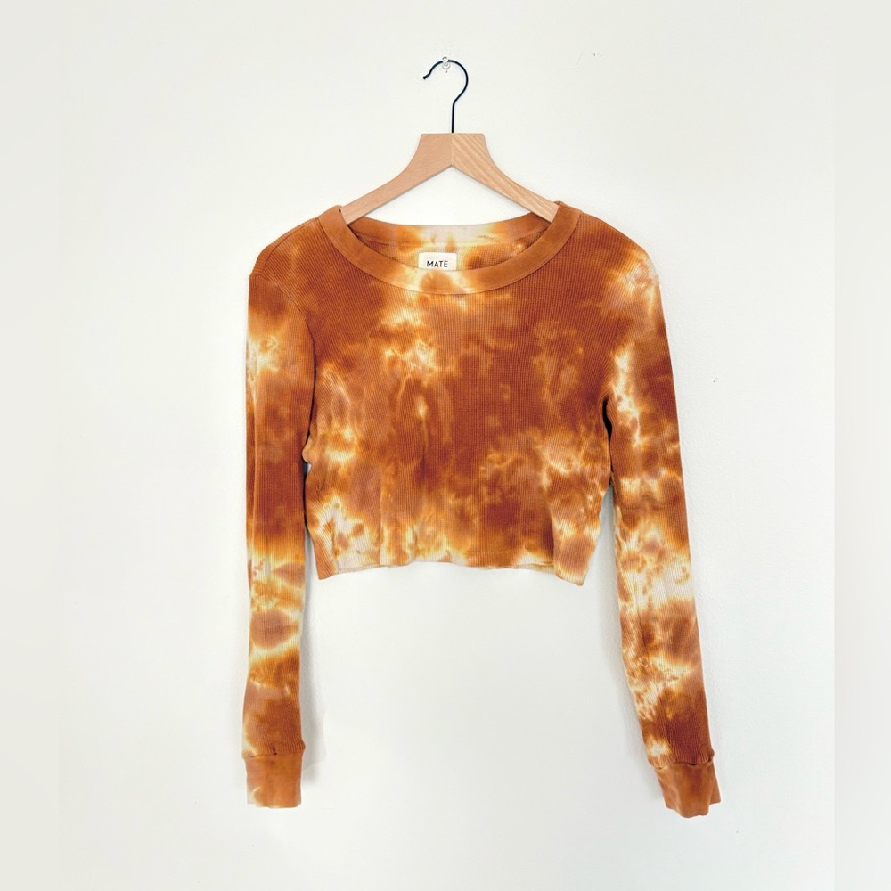 mate organic tie dye waffle top - long sleeve knit thermal cropped ginger S euc